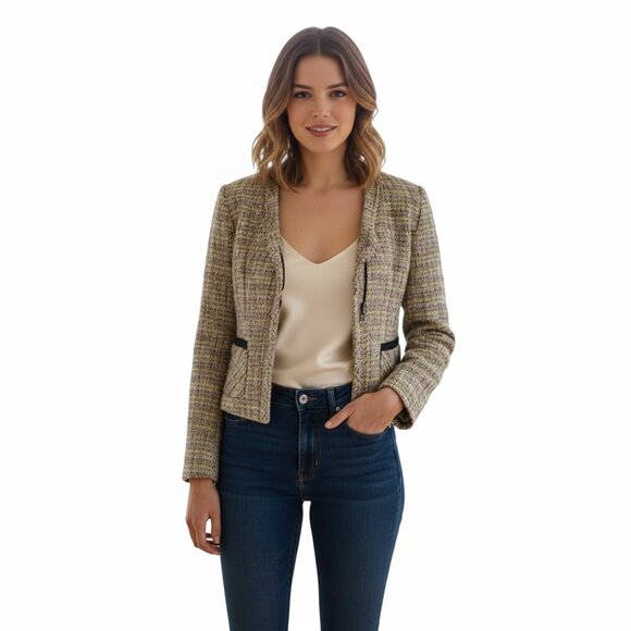 Maje Gray and Yellow Tweed Cropped Blazer, Size 36 β Modern Collarless Design - Picture 1 of 9